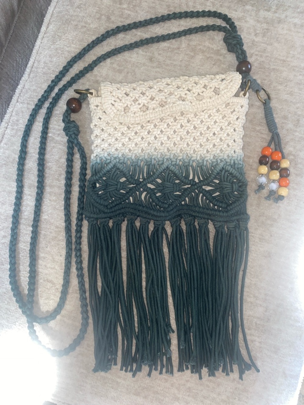 Cotton Macrame crossbody bag, handmade Bo-Ho style ombré dip-dye fringe detail